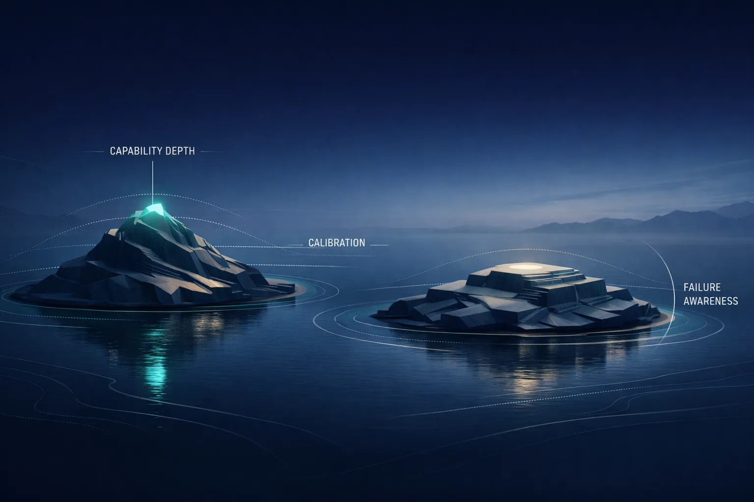 Dark blue conceptual island scene labeled capability depth, calibration, and failure awareness.