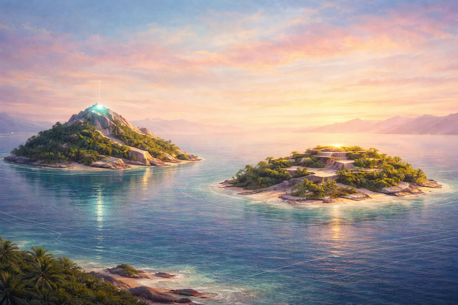 Painterly shoreline concept showing two layered islands at sunrise with reflective ocean water.